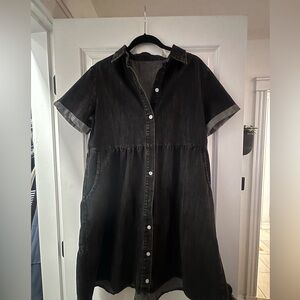 Washed Black Short-Sleeve Button-Front Mini Dress
